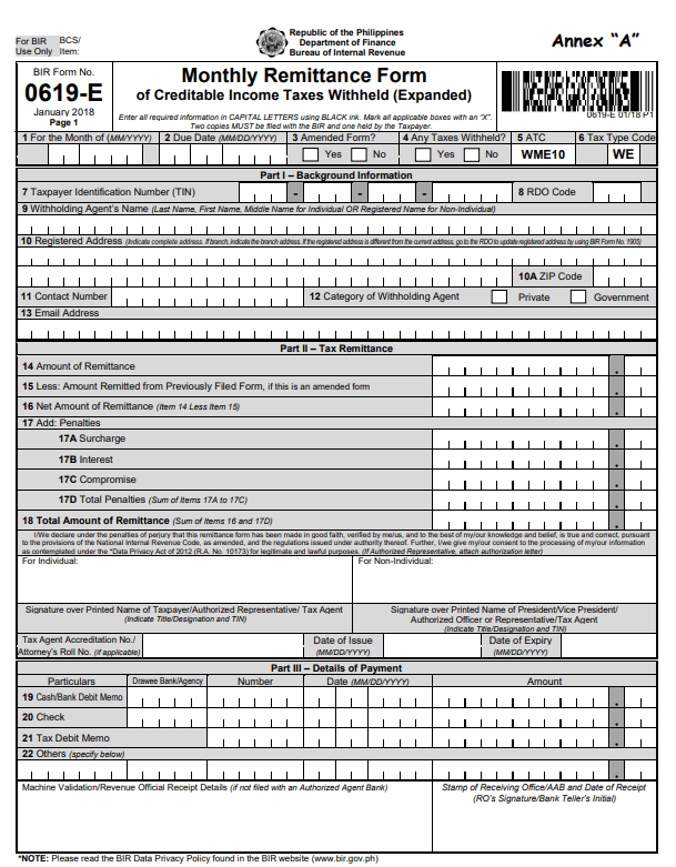 BIR Form 0619E